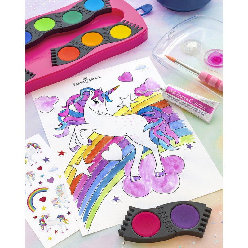 Faber Castell FC-125002 Connector Waterverfdoos 12 Kleuren + 1 Tube Regenboog Glitter en Unicorn St