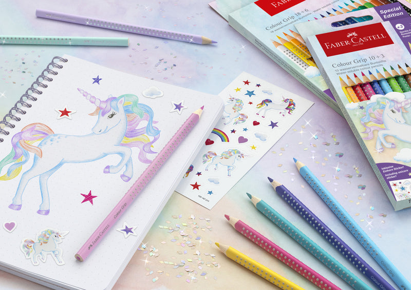 Faber Castell FC-201542 Colour Grip Kleurpotloden 10 Stuks + 3 Sparkle Pastel Kleurpotloden en Unic