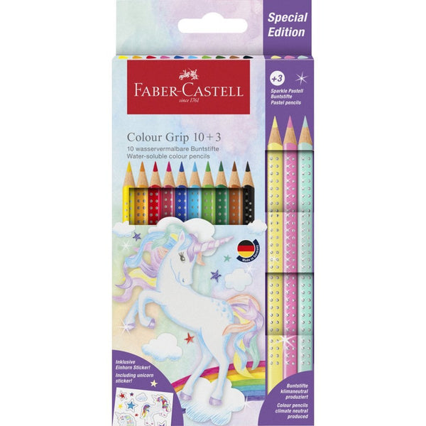 Faber Castell FC-201542 Colour Grip Kleurpotloden 10 Stuks + 3 Sparkle Pastel Kleurpotloden en Unic
