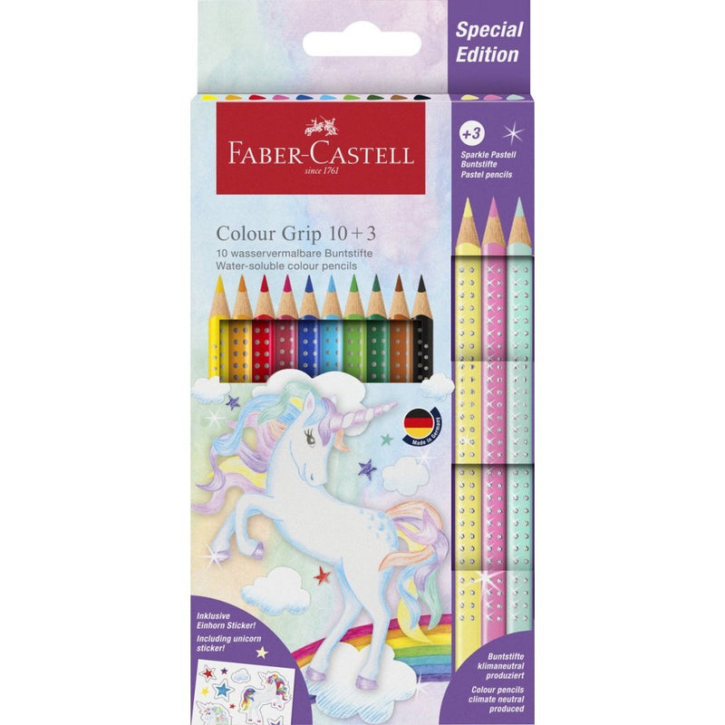 Faber Castell FC-201542 Colour Grip Kleurpotloden 10 Stuks + 3 Sparkle Pastel Kleurpotloden en Unic