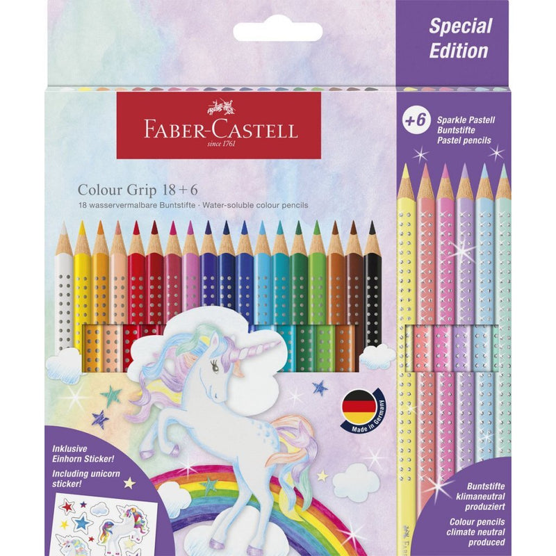 Faber Castell FC-201543 Colour Grip Kleurpotloden 18 Stuks + 6 Sparkle Pastel Kleurpotloden en Unic