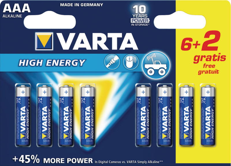 Varta 4903 so Batterij Alkaline Aaa/lr03 1.5 V High Energy 6+2-blister