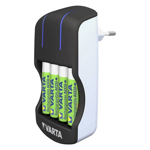 Varta Plug Batterij-Oplader met LED-Verlichting + 4 AA Batterijen Zwart
