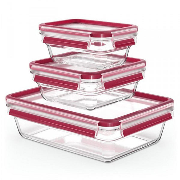 Emsa N1050900 Clip and Close Glazen Vershoudbewaarbakjes 0,45L-2L 3 Stuks Rood
