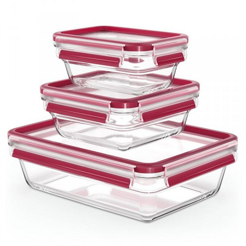 Emsa N1050900 Clip and Close Glazen Vershoudbewaarbakjes 0,45L-2L 3 Stuks Rood