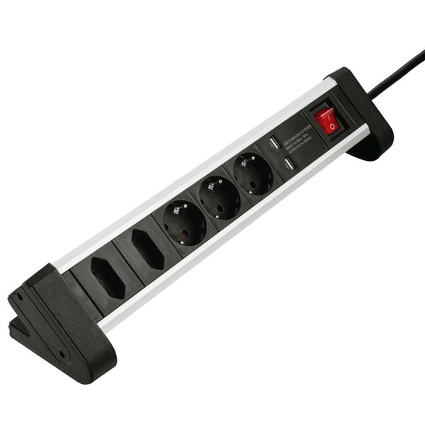 Hama Tafel-stekkerdoos Aluminium 5-voudig 2 X USB 3A Zwart