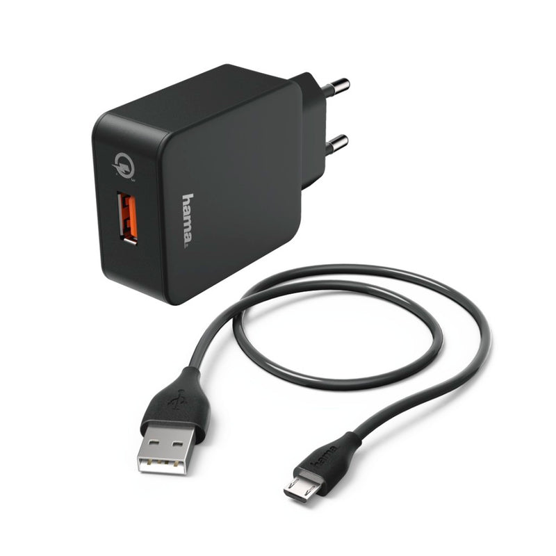 Hama Opladerset Micro USB 3 A Oplader QC 3.0 + Micro-USB-Kabel 1,5 M Zwart