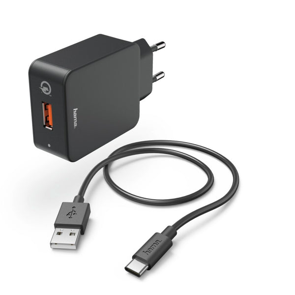 Hama Oplaadset USB-C Oplader QC 3.0 + USB-C-kabel 1,5 M Zwart