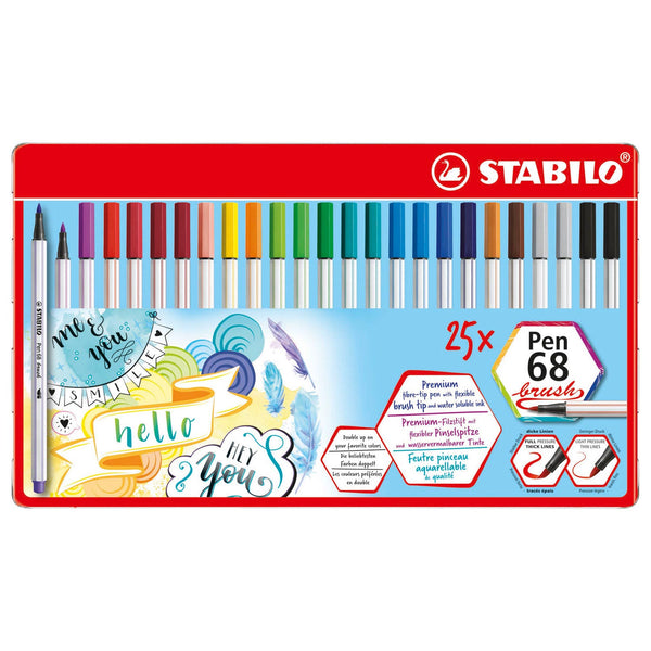 STABILO Pen 68 Brush Metalen Doos Viltstiften, 25st.