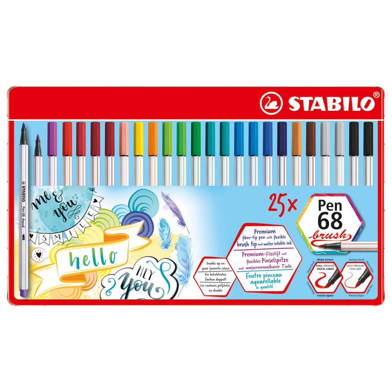 STABILO Pen 68 Brush Metalen Doos Viltstiften, 25st.