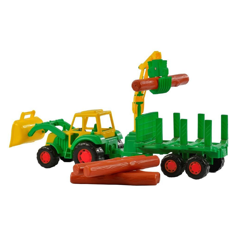 Polesie Tractor Kevin met Bomenaanhanger + Laadkraan + 4 Boomstammen