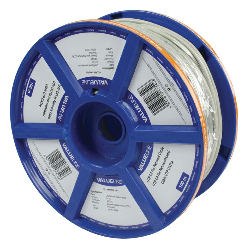 Valueline VLCR85190E100 Cat5e Netwerkkabel Op Haspel Utp Rol 100 M Grijs Stranded
