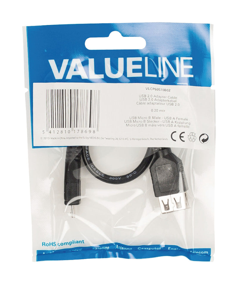 Valueline Vlcp60570b02 Usb 2.0 Usb Micro B Mannelijk - Usb A Vrouwelijk Adapter Kabel 0,20 M Zwart