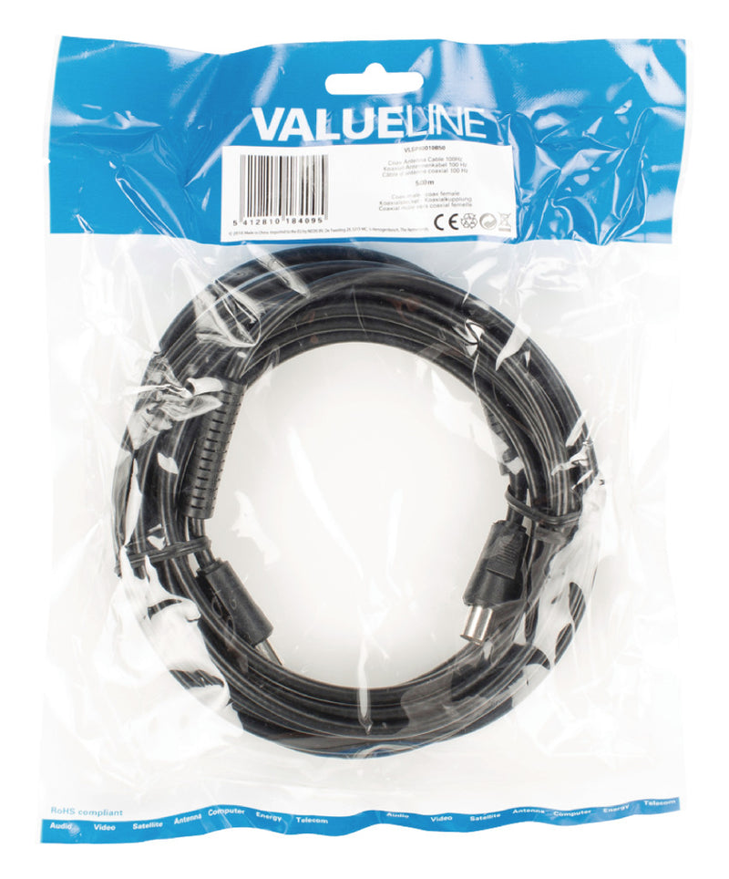 Valueline Vlsp40010b50 Coax Antennekabel 100 hz Coax Mannelijk - Coax Vrouwelijk 5,00 M Zwart