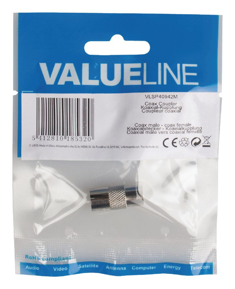 Valueline VLSP40942M Coax-adapter Coax Male (iec) - Coax Female (iec) Zilver