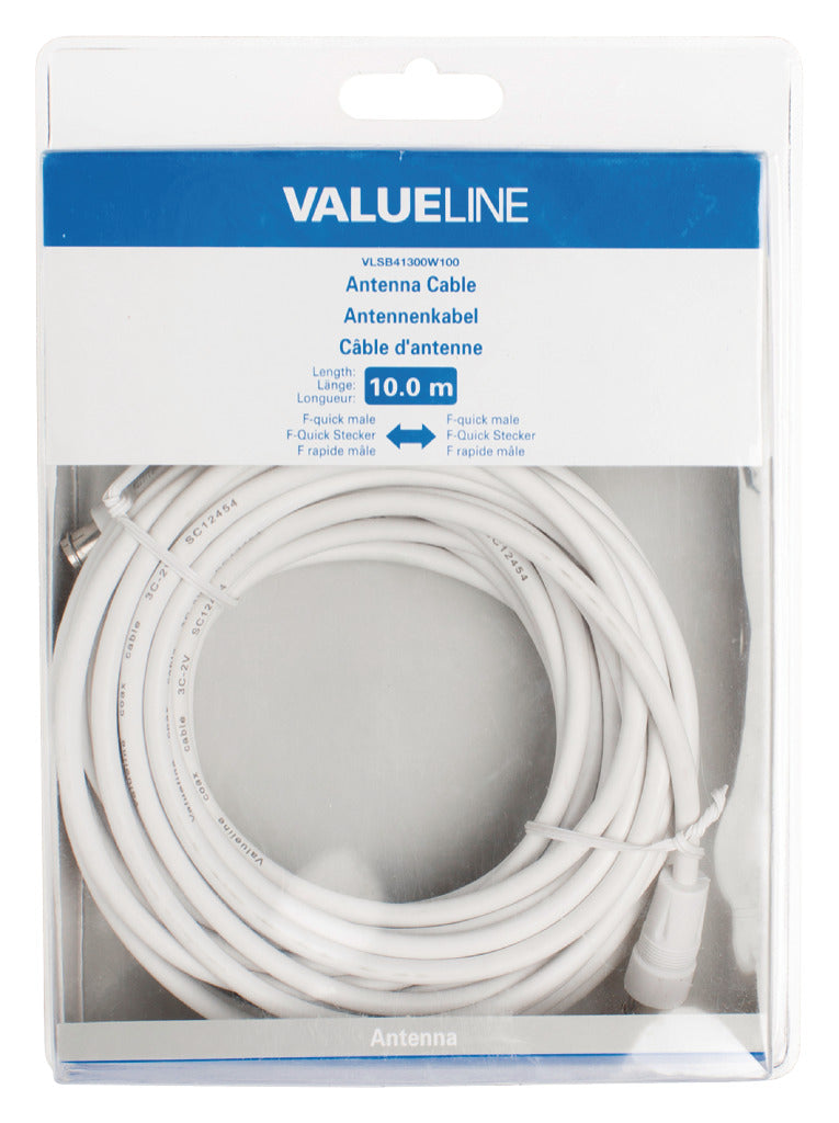 Valueline VLSB41300W100 Antennekabel F-quick Mannelijk - F-quick Mannelijk 10,0 M Wit