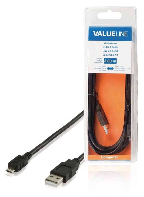 Valueline VLCB60500B30 Usb 2.0 Kabel Usb A Mannelijk - Usb Micro B Mannelijk 3,00 M Zwart