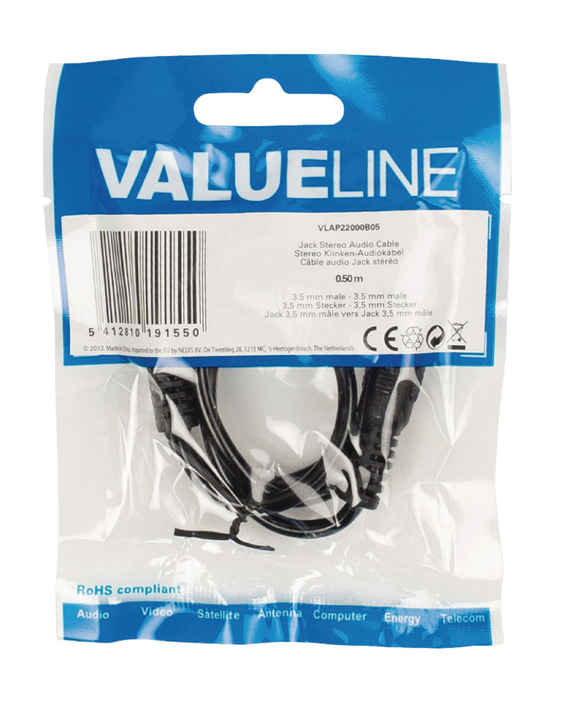 Valueline Vlap22000b05 Jack Stereo Audiokabel 3,5 mm Mannelijk - 3,5 mm Mannelijk 0,50 M Zwart