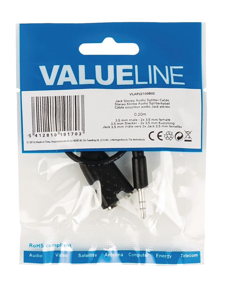 Valueline VLAP22100B02 Jack Stereo Audio Verdeelkabel 3,5 mm Mannelijk - 2x 3,5 mm Vrouwelijk 0,20