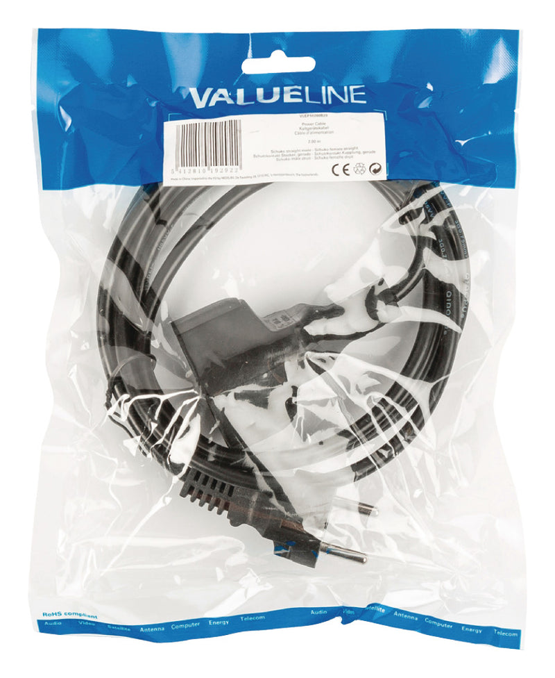 Valueline VLEP10200B20 Stroomkabel Schuko Recht Mannelijk - Schuko Vrouwelijk Recht 2,00 M Zwart
