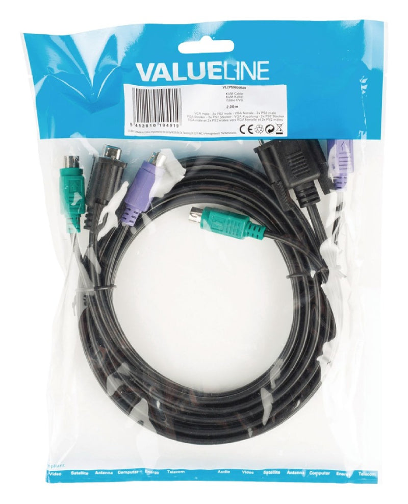 Valueline VLCP59850B20 Kvm Kabel Vga Male - 2x Ps2 Male - Vga Female - 2x Ps2 Male 2,00 M Zwart