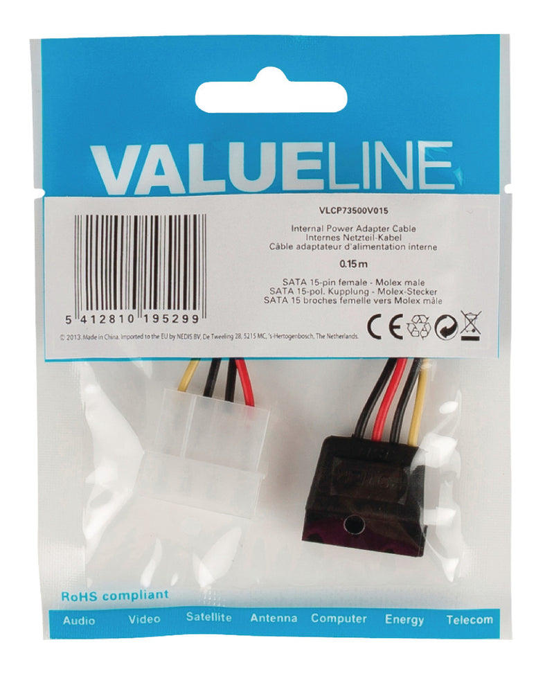 Valueline VLCP73500V015 Interne Stroom Adapterkabel Sata 15-pins Vrouwelijk - Molex Mannelijk 0,15