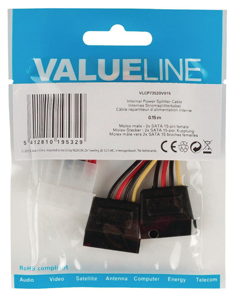 Valueline Vlcp73520v015 Interne Stroom Splitterkabel Molex Mannelijk - 2x Sata 15-pins Vrouwelijk 0