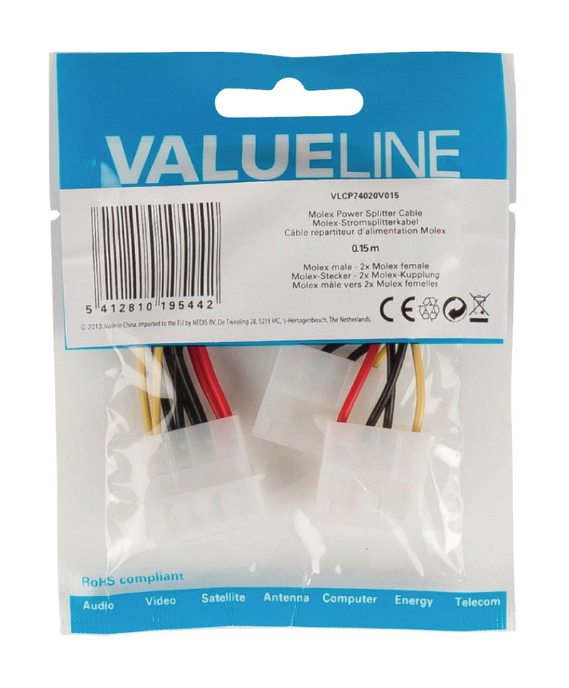 Valueline VLCP74020V015 Molex Stroom Splitterkabel Molex Mannelijk - 2x Molex Vrouwelijk 0,15 M Vee