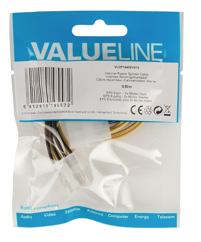Valueline VLCP74400V015 Interne Stroomkabel Eps 8-pins Male - 2x Molex Male 0.15 M