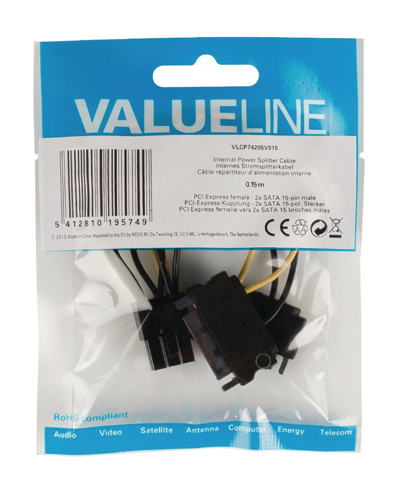 Valueline VLCP74205V015 Interne Stroom Splitterkabel Pci Express Vrouwelijk - 2x Sata 15-pins Manne