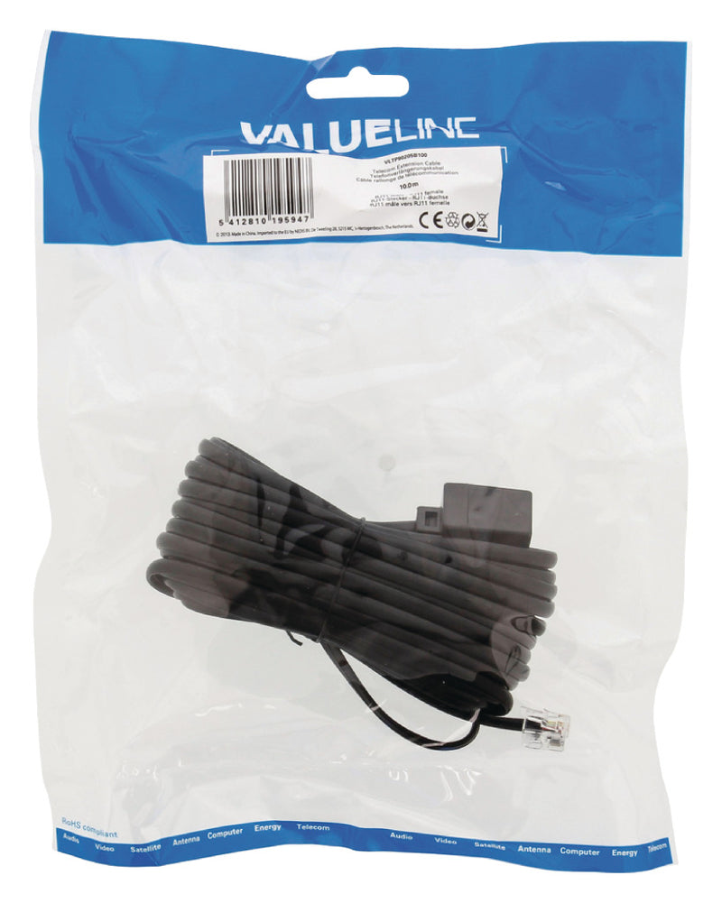Valueline VLTP90205B100 Telecom Verlengkabel Rj11 Mannelijk - Rj11 Vrouwelijk 10,0 M Zwart