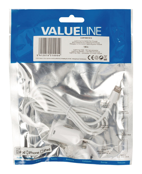 Valueline VLMP39891W10 Lightning-aansluiting Autolader Lightning Male - 12v-autoaansluiting 1,00 M