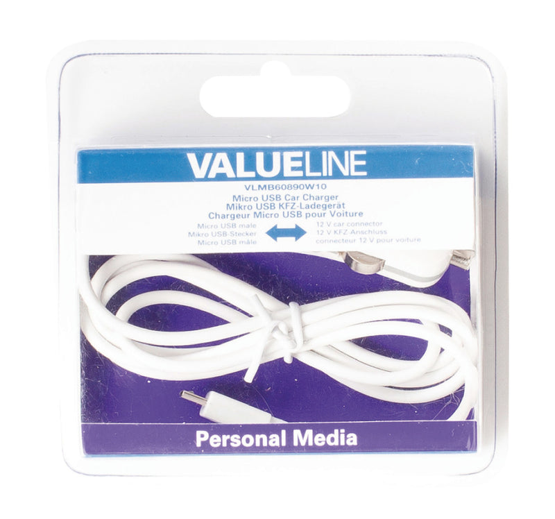 Valueline VLMB60890W10 Micro-usb-autolader Micro Usb Male - 12v-autoaansluiting 1,00 M Wit 2.1a
