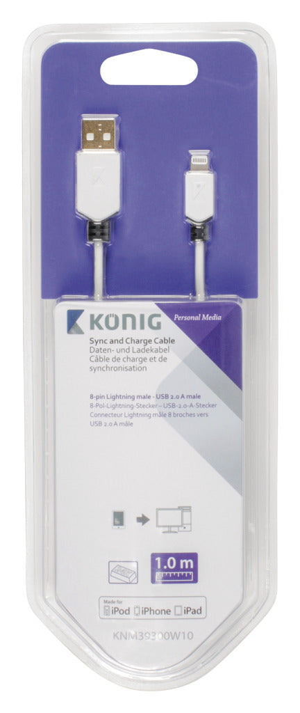 K&ouml;nig KNM39300W10 Sync And Charge Kabel 8-pins Lightning Male - Usb 2.0 A Male 1,00 M Wit