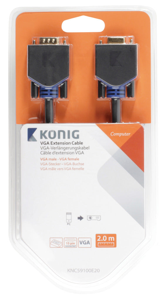 König KNC59100E20 Vga Verlengkabel Vga Male - Female 2,00 M Grijs