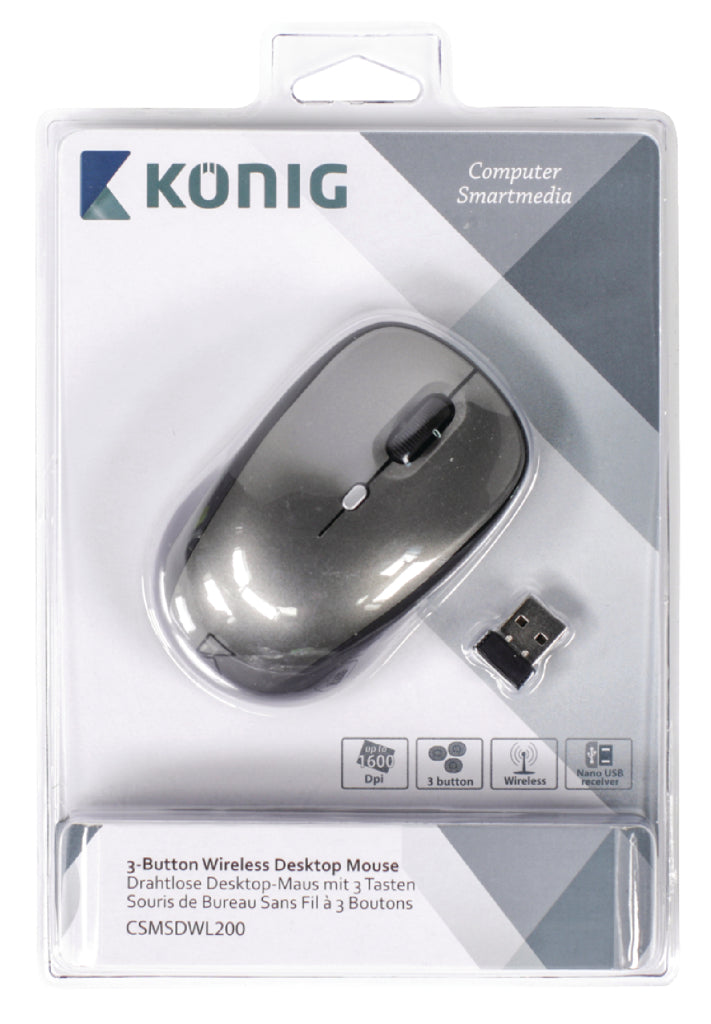 K&ouml;nig CSMSDWL200 Draadloze Muis Bureaumodel 3 Knoppen Grijs
