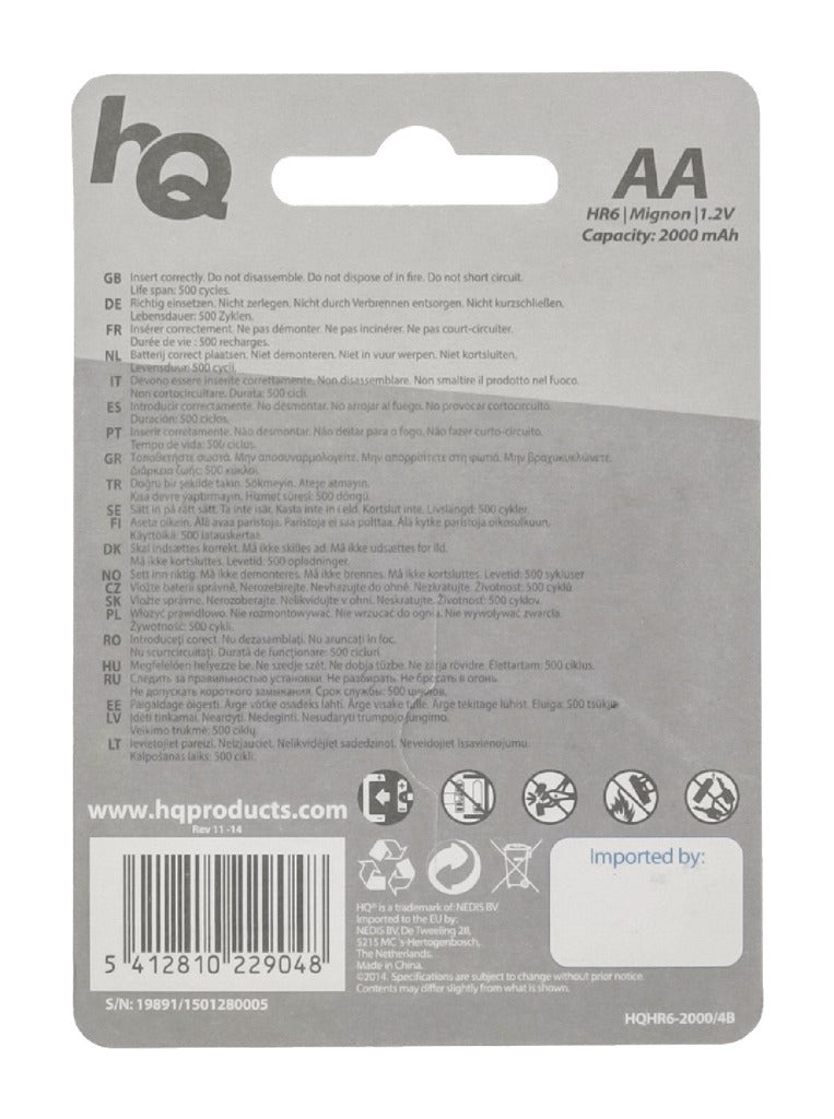 Hq HQHR6-2000/4B Oplaadbare Nimh Aa-batterij 2000 Mah, Blister 4 Stuks