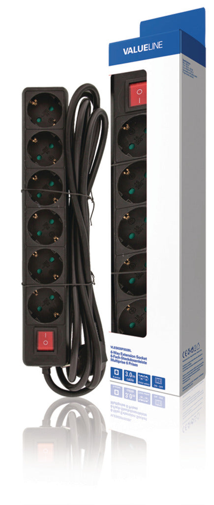 Valueline VLES630F002BL Stekkerdoos 6-wegs 3.00 M Zwart