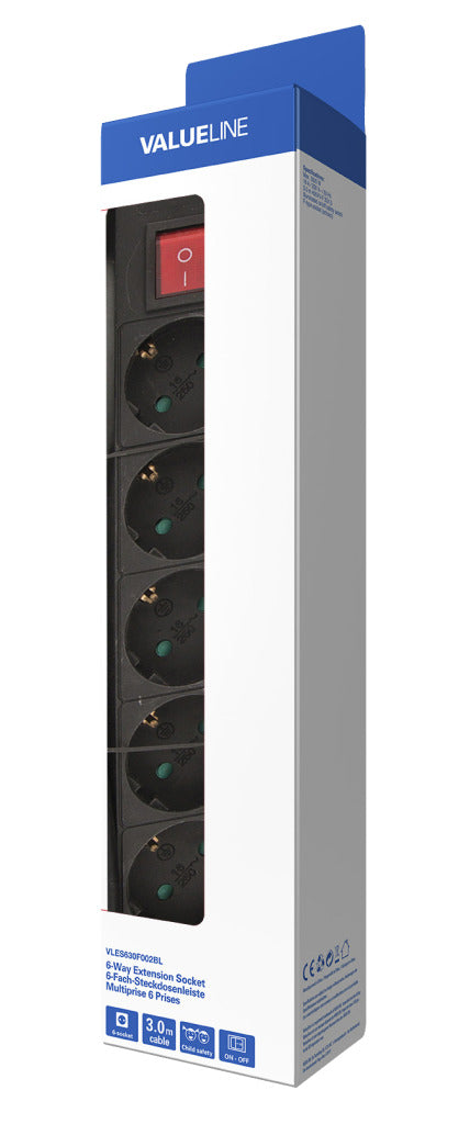 Valueline VLES630F002BL Stekkerdoos 6-wegs 3.00 M Zwart