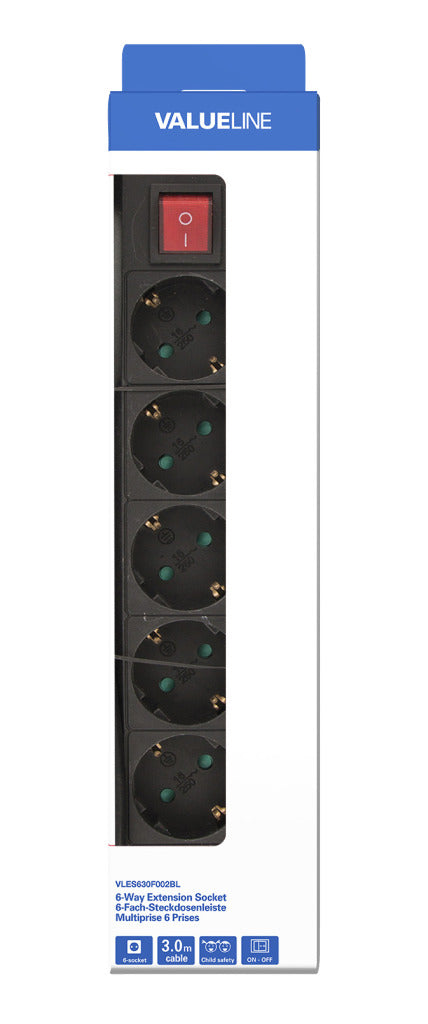 Valueline VLES630F002BL Stekkerdoos 6-wegs 3.00 M Zwart