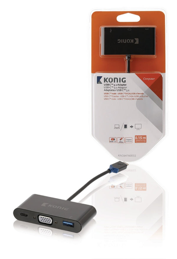 König KNC64760E02 Usb 3.1 Adapter Usb-c Male - Usb A Female / Usb-c Female / Vga Female 15-pins Ant