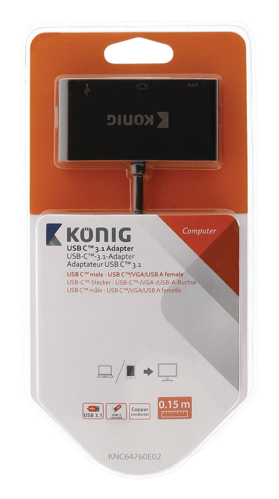 König KNC64760E02 Usb 3.1 Adapter Usb-c Male - Usb A Female / Usb-c Female / Vga Female 15-pins Ant