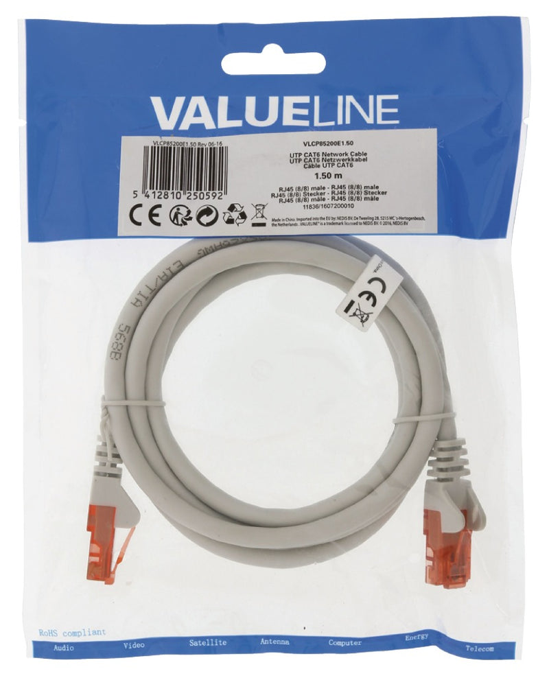 Valueline VLCP85200E1.50 Cat6 Utp Netwerkkabel Rj45 (8/8) Male - Rj45 (8/8) Male 1.50 M Grijs