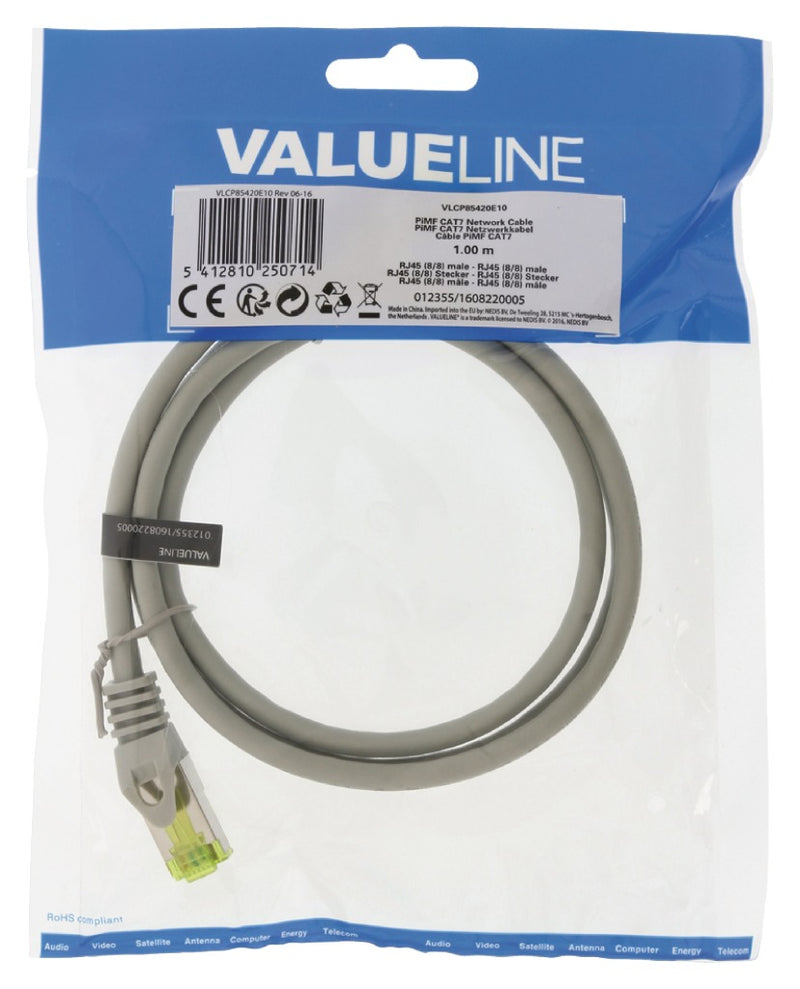 Valueline VLCP85420E10 Cat7 Pimf (s/ftp) Netwerkkabel Rj45 (8/8) Male - Rj45 (8/8) Male 1.00 M Grij