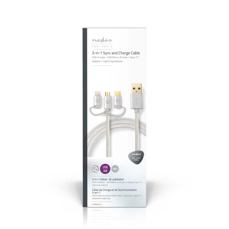Nedis CCTB60620AL10 3-in-1 Sync- En Oplaadkabel Usb Micro-b Male + Usb Type-c Male + Apple Lightnin