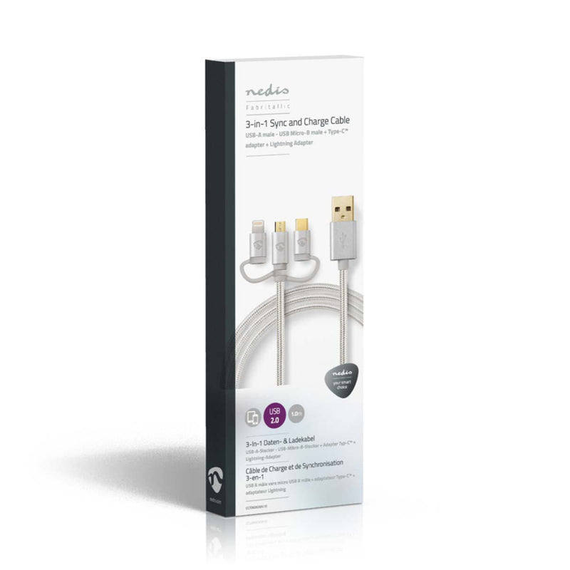 Nedis CCTB60620AL10 3-in-1 Sync- En Oplaadkabel Usb Micro-b Male + Usb Type-c Male + Apple Lightnin