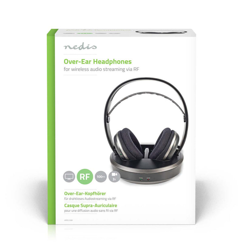 Nedis HPRF210BK Draadloze Hoofdtelefoon Radiofrequent (rf) Over-ear Oplaadstation Zwart / Zilver