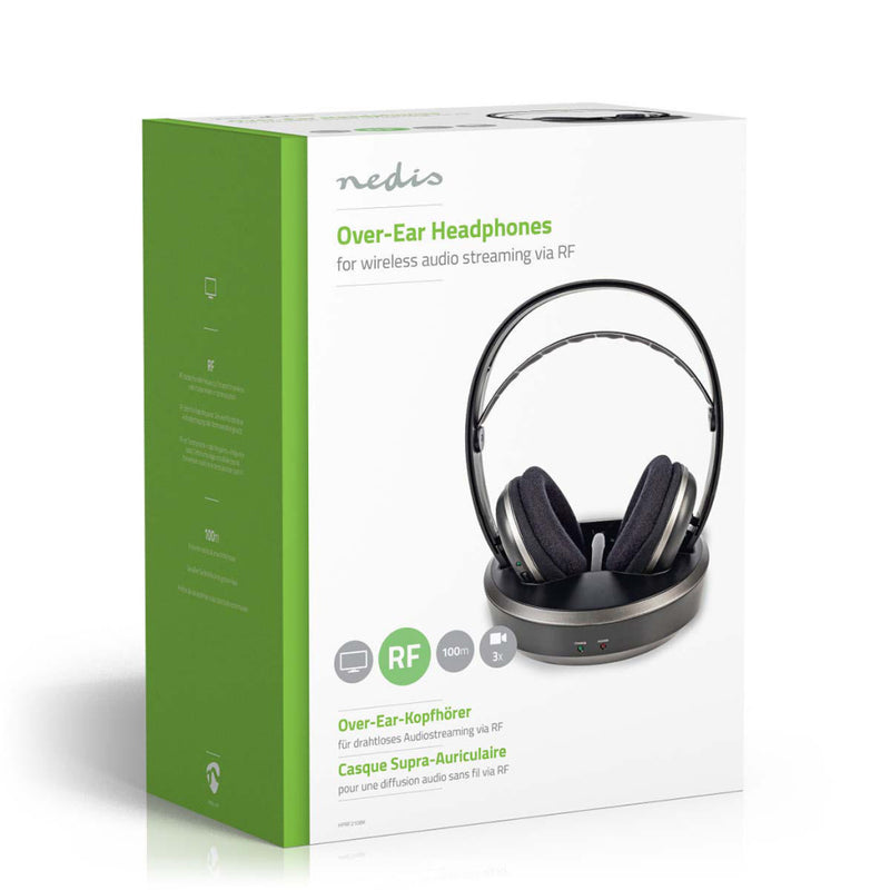 Nedis HPRF210BK Draadloze Hoofdtelefoon Radiofrequent (rf) Over-ear Oplaadstation Zwart / Zilver