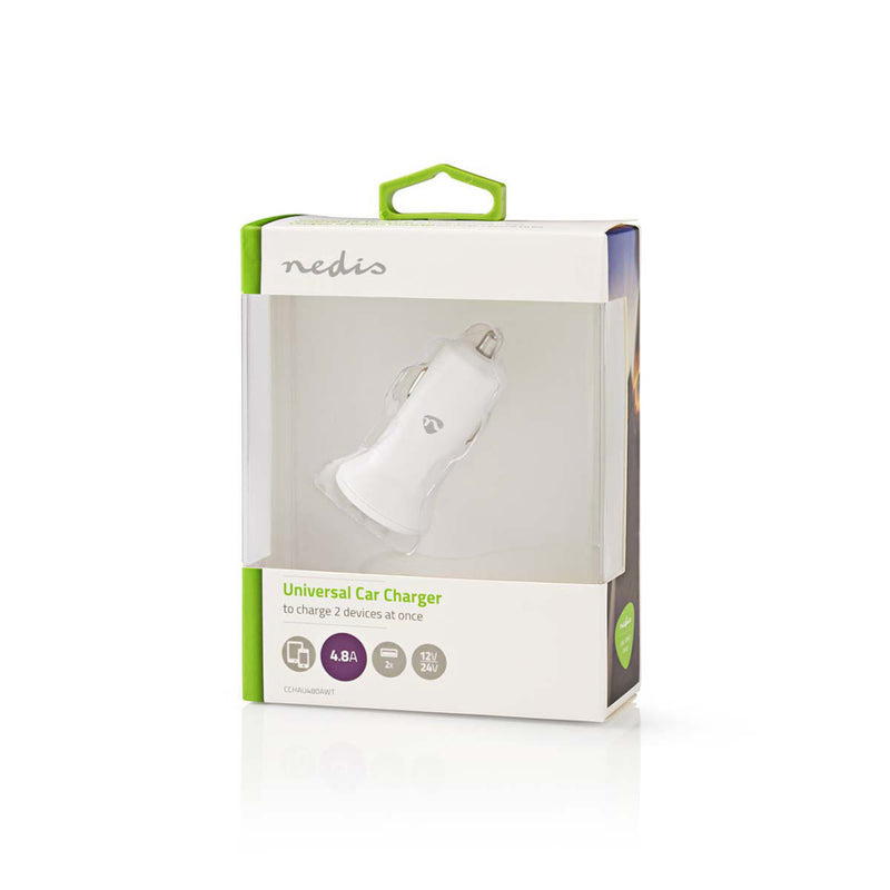 Nedis CCHAU480AWT Auto-oplader 4,8 A 2 Uitgangen Usb-a Wit