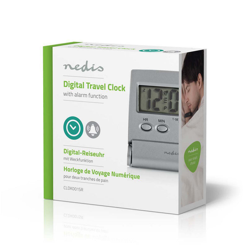 Nedis CLDK001SR Digitale Reiswekker Slank Opvouwbaar Zilver